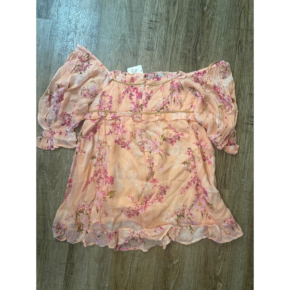 Free People Floral Peasant Puff Sleeve Mini Dress Peach Combo NWT Size M - Picture 6 of 10